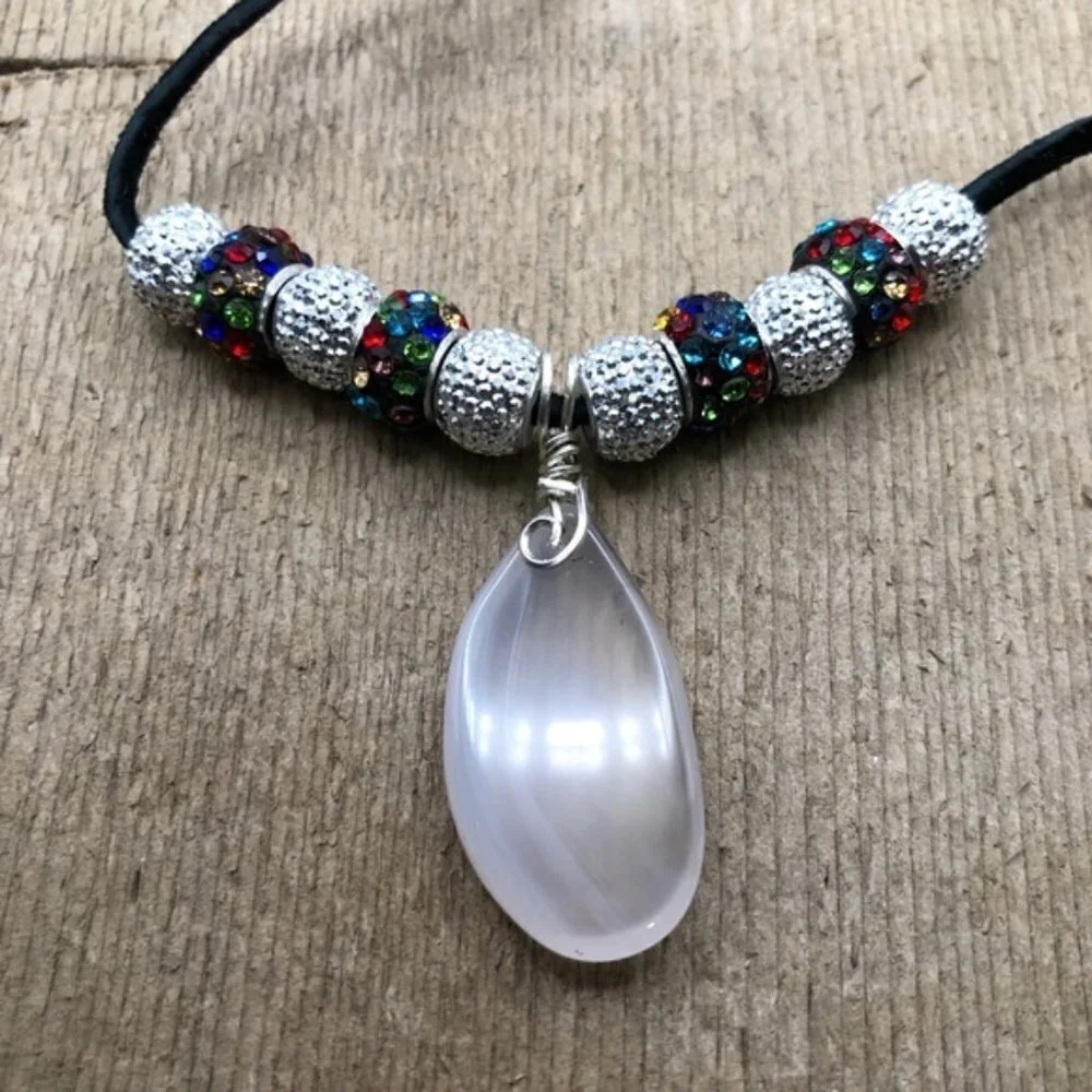 Chalcedony stone wire wrapped with .925 Silver and beaded Leather Necklace.